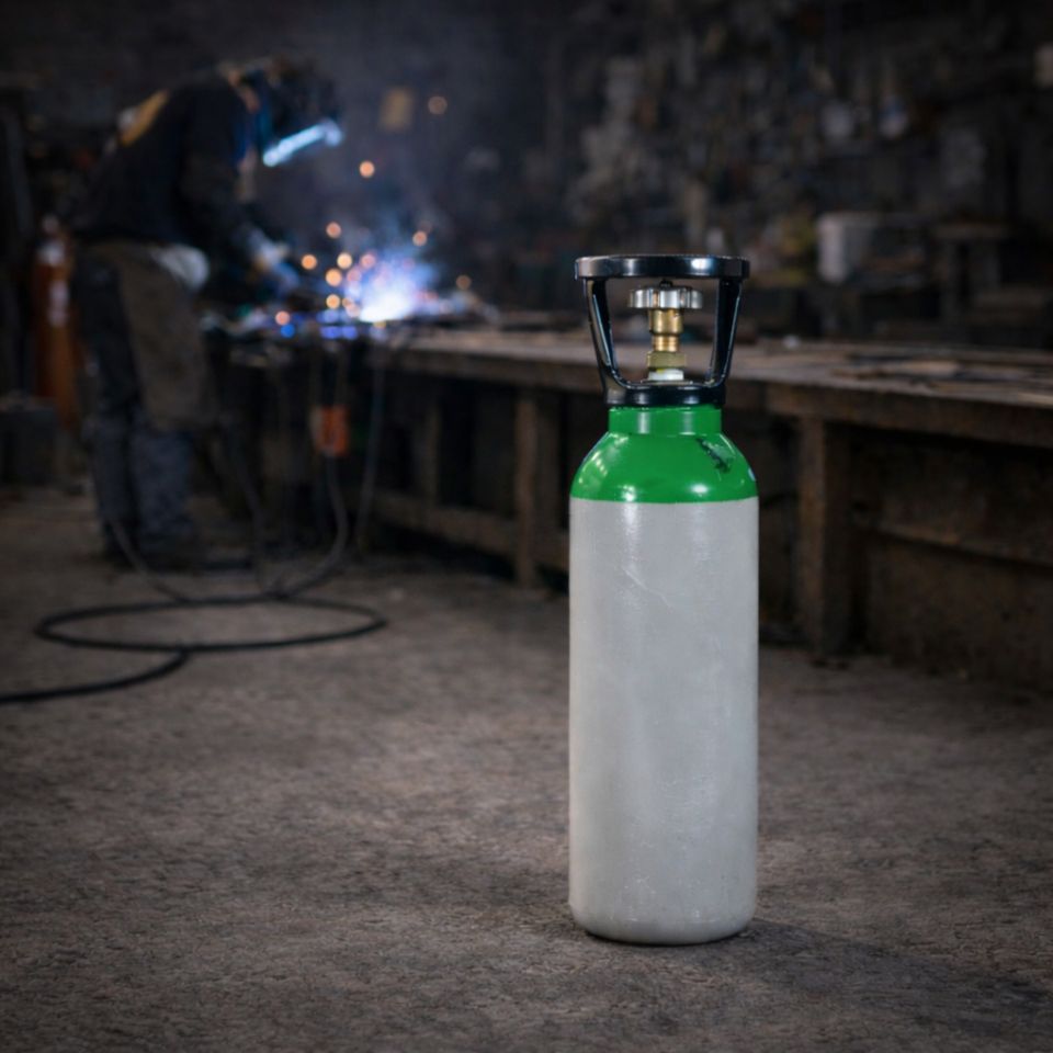 Industriële gasfles voor lasgassen met op de achtergrond een lasser aan het werk in een werkplaats.